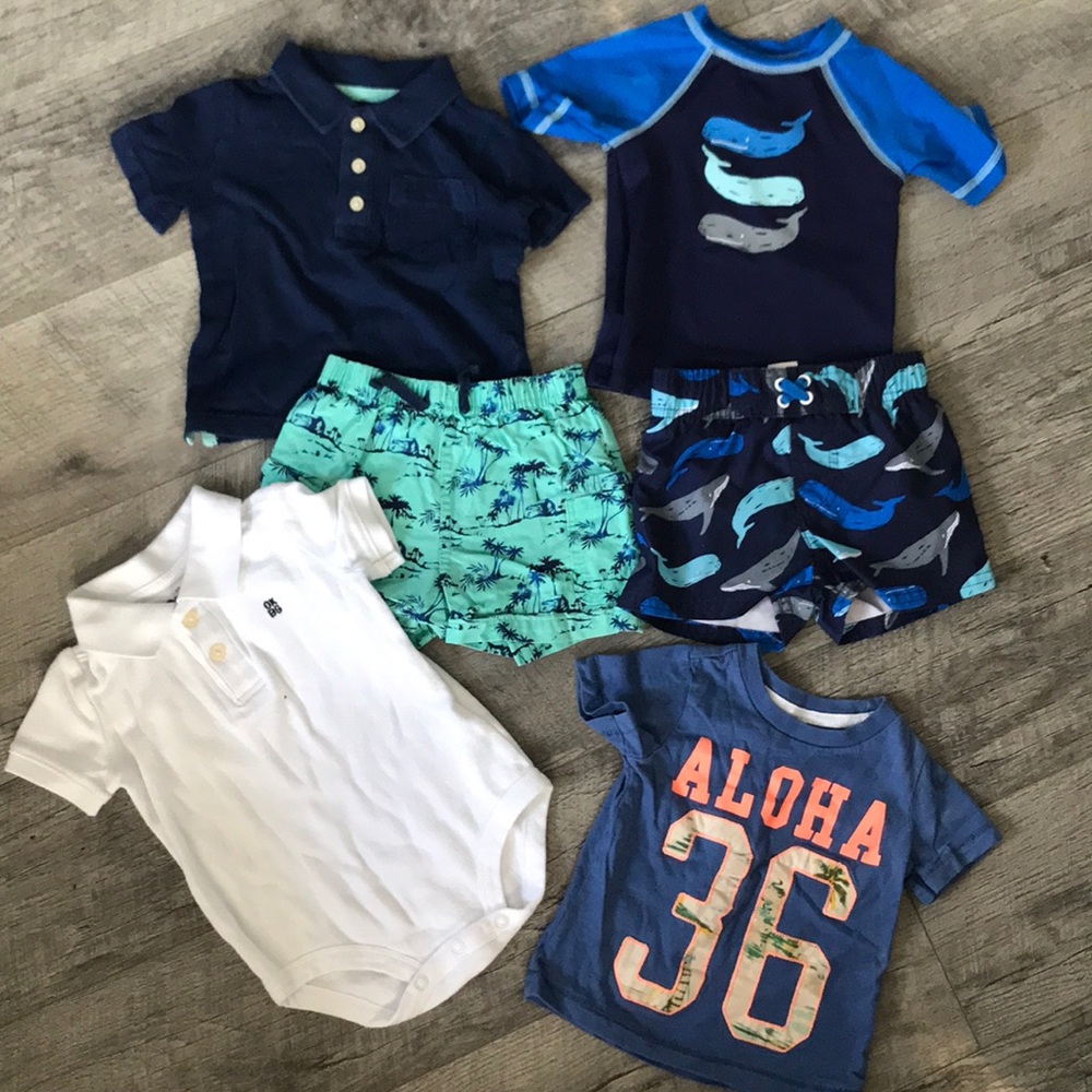 6 piece 12 month lot, outfits, bathing suit, shirt